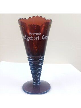 Vintage Bridgeport Conn. Souvenir Goblet Amethyst Glass Vase Scalloped Rim